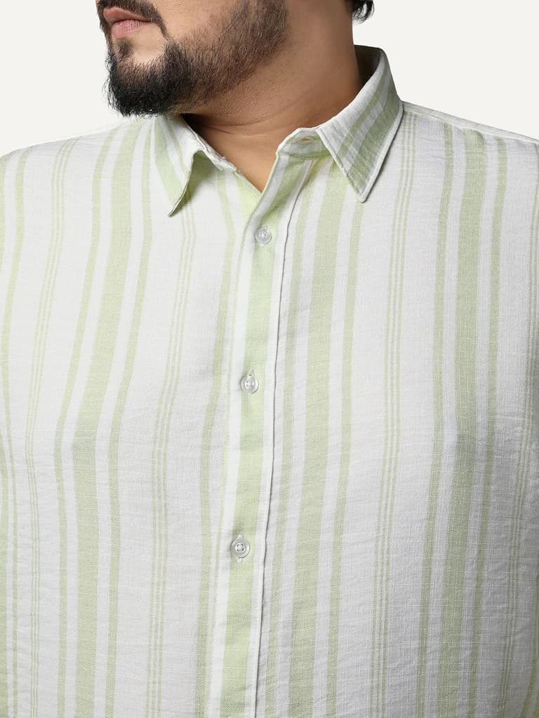 Plus Men's Light Green Cotton Full Sleeve Relaxed Fit Linen Striped Shirt with Spread Collar — photo 5