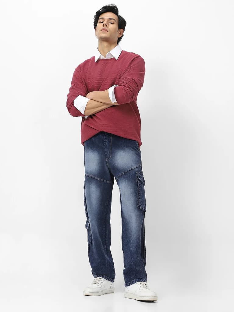 Men's Navy Loose Fit Cargo Jeans With 7 Pockets Non Stretchable — photo 4