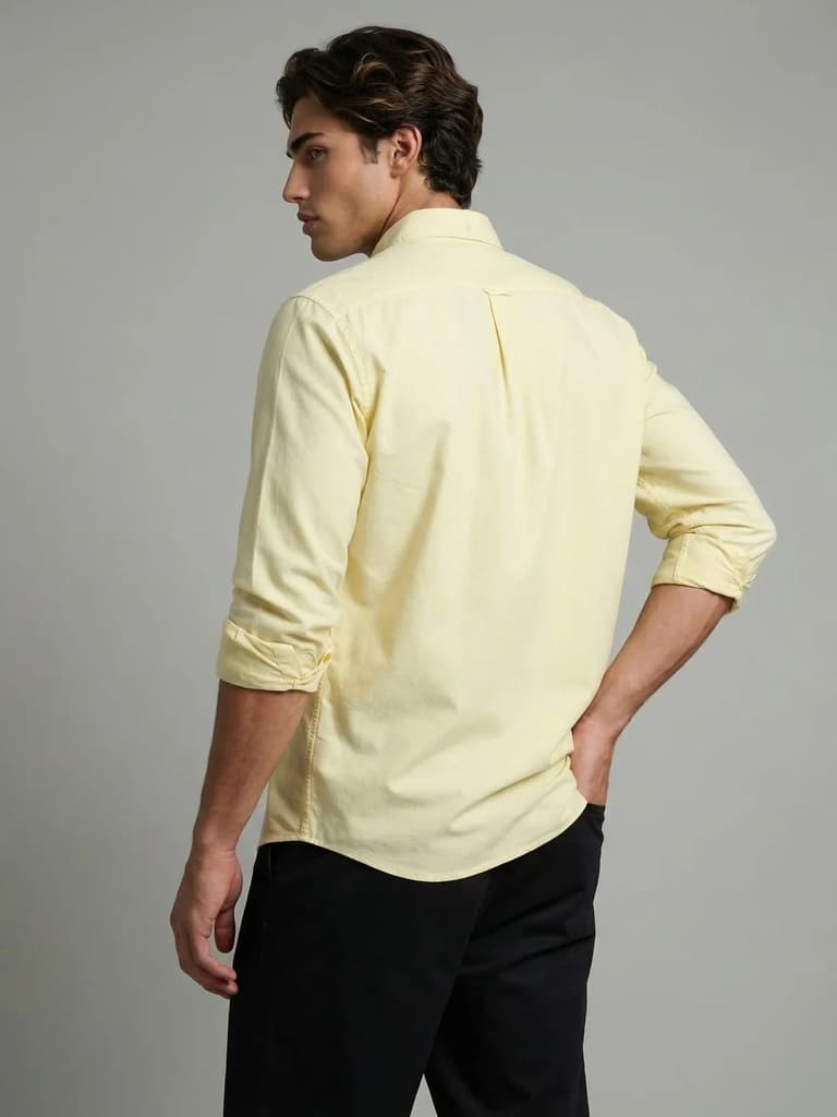 Men's Yellow Cotton Full Sleeve Regular Fit Solid Oxford Shirt With Button-Down Collar — photo 3