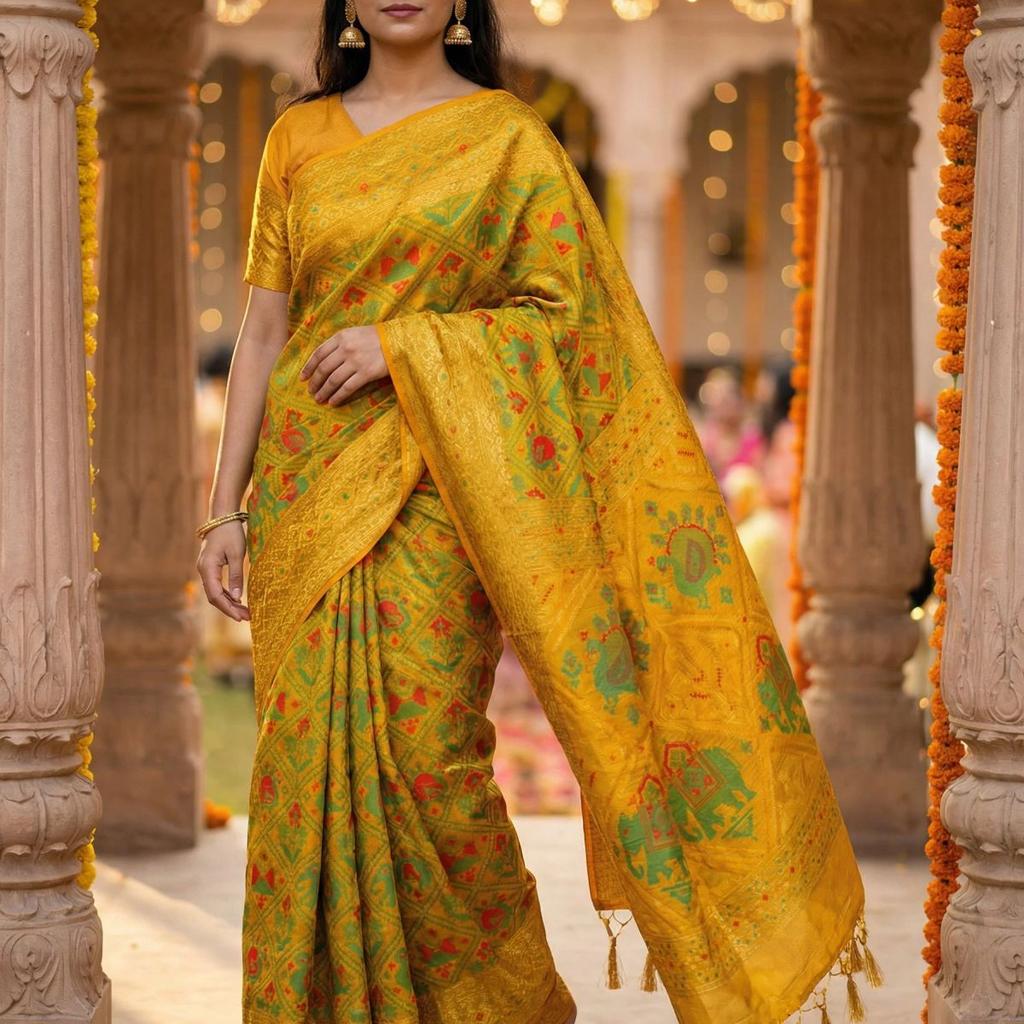 MIMOSA Women's Woven Design Paithani Style Raw Silk Saree with Blouse Piece - Gold ( SA00003128GDFREE )
