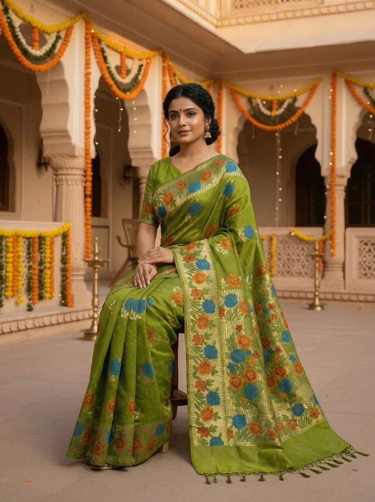MIMOSA Women's Woven Design Paithani Style Raw Silk Saree with Blouse Piece - Olive ( SA00003129OLFREE ) — photo 3