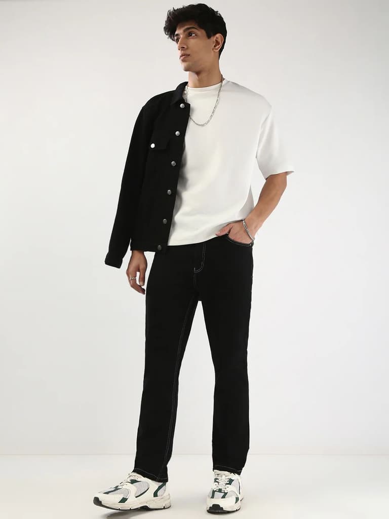 Men's Black Straight Fit Washed Jeans Stretchable — photo 4