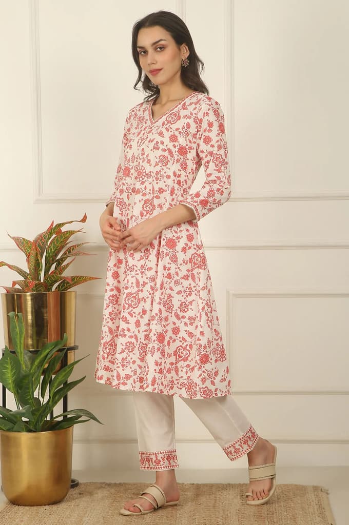White and Orange Floral Printed Pure Cotton Flared Kurta, Pants and Dupatta Set — photo 5