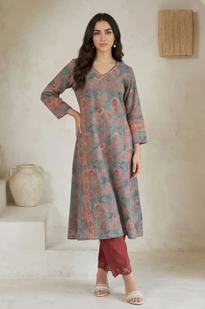 Maroon Embroidered Cotton Blend Straight Fit Ankle Length Pants — photo 2