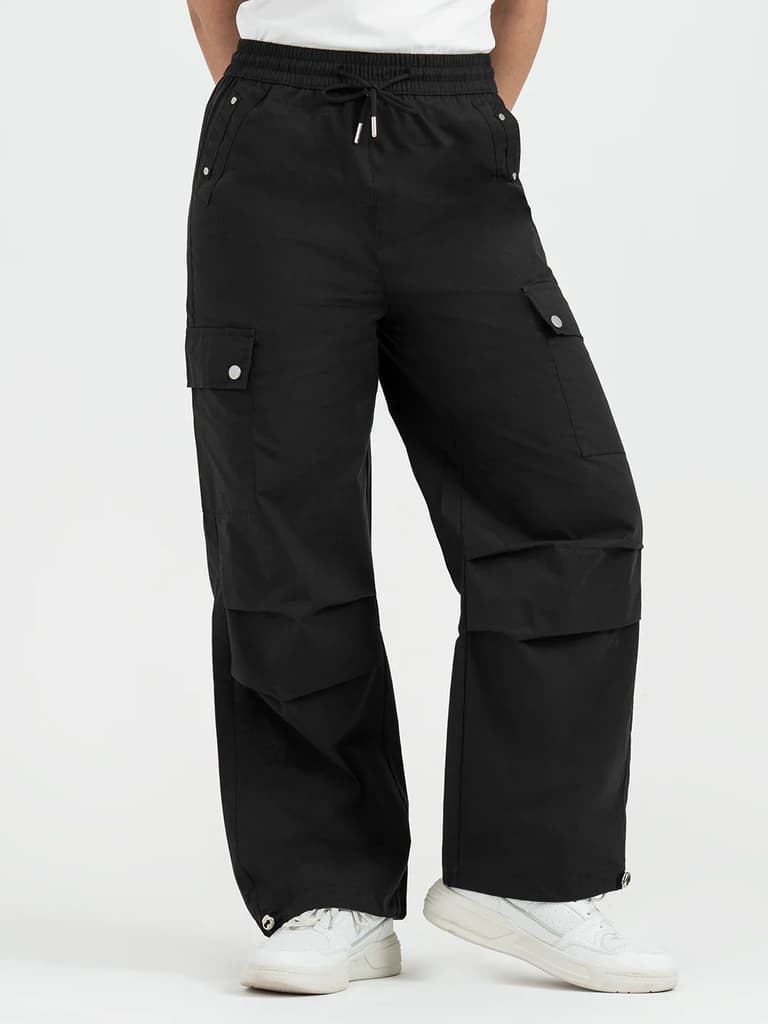 Cargo Pants for Women in Black | Parachute Full Length Pants — 26 / Black