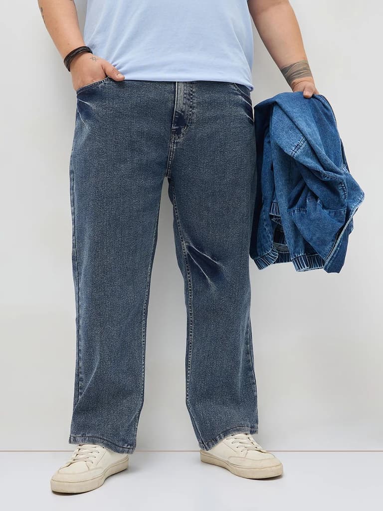 Plus Men's Light Blue Regular Fit Acid Washed Denim Jeans Stretchable — 36 / Light Blue