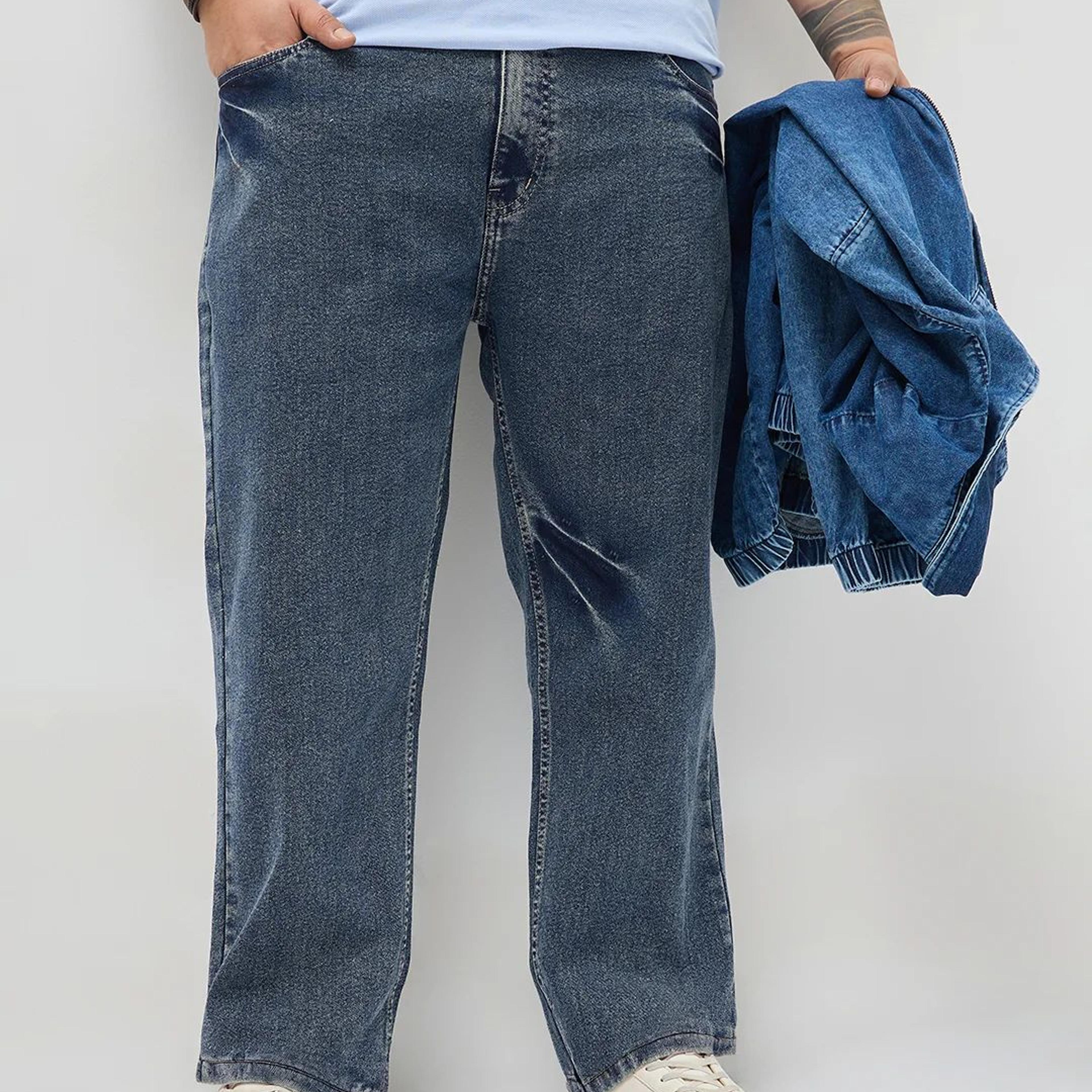 Plus Men's Light Blue Regular Fit Acid Washed Denim Jeans Stretchable
