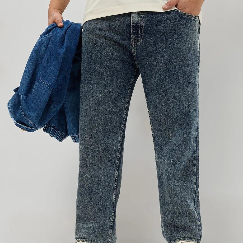 Plus Men's Blue Regular Fit Towel Washed Yellow Tint Denim Jeans Stretchable