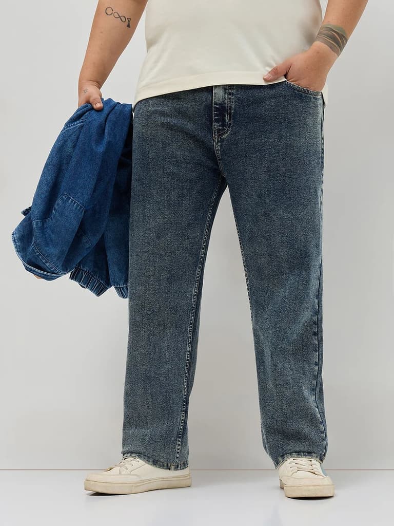 Plus Men's Blue Regular Fit Towel Washed Yellow Tint Denim Jeans Stretchable — 36 / Blue