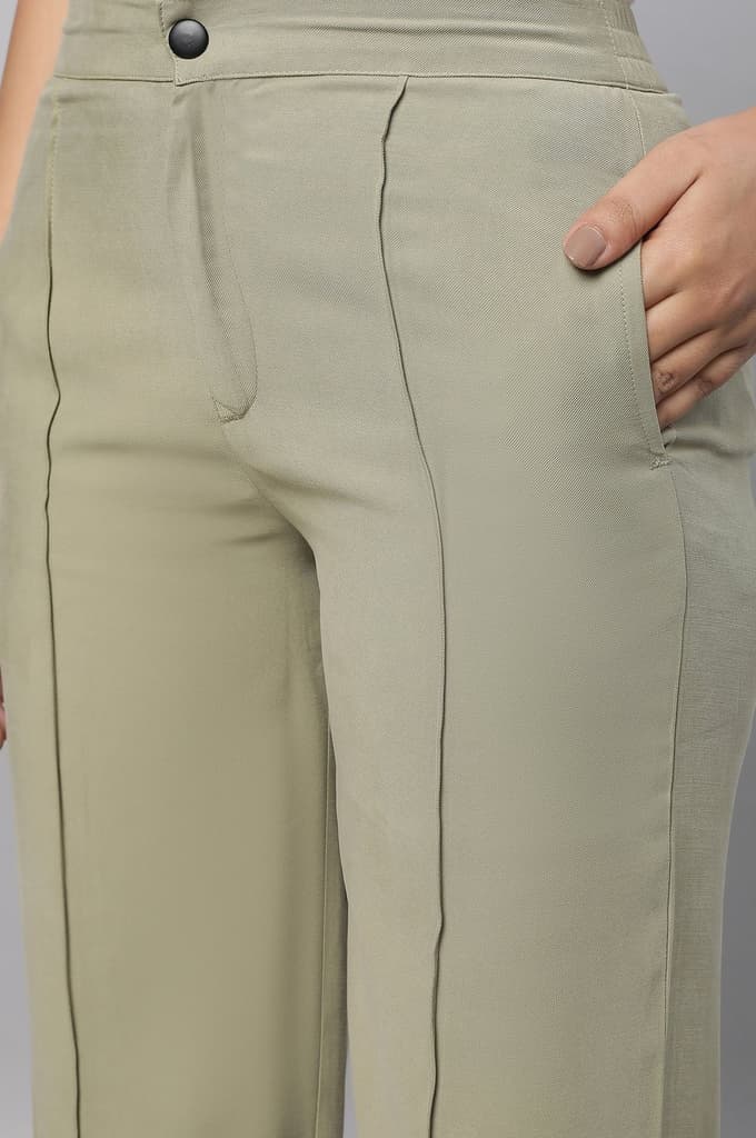 Muted Sage Green Solid Straight Fit Woven Pants With Pintuck Detail — photo 7