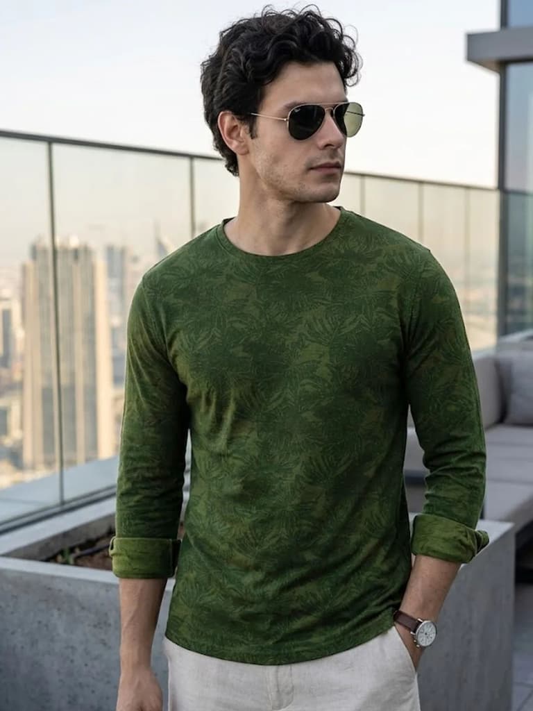 Men's Olive Green Printed Full Sleeve Slim Fit Cotton T-Shirt — S / Olive Green