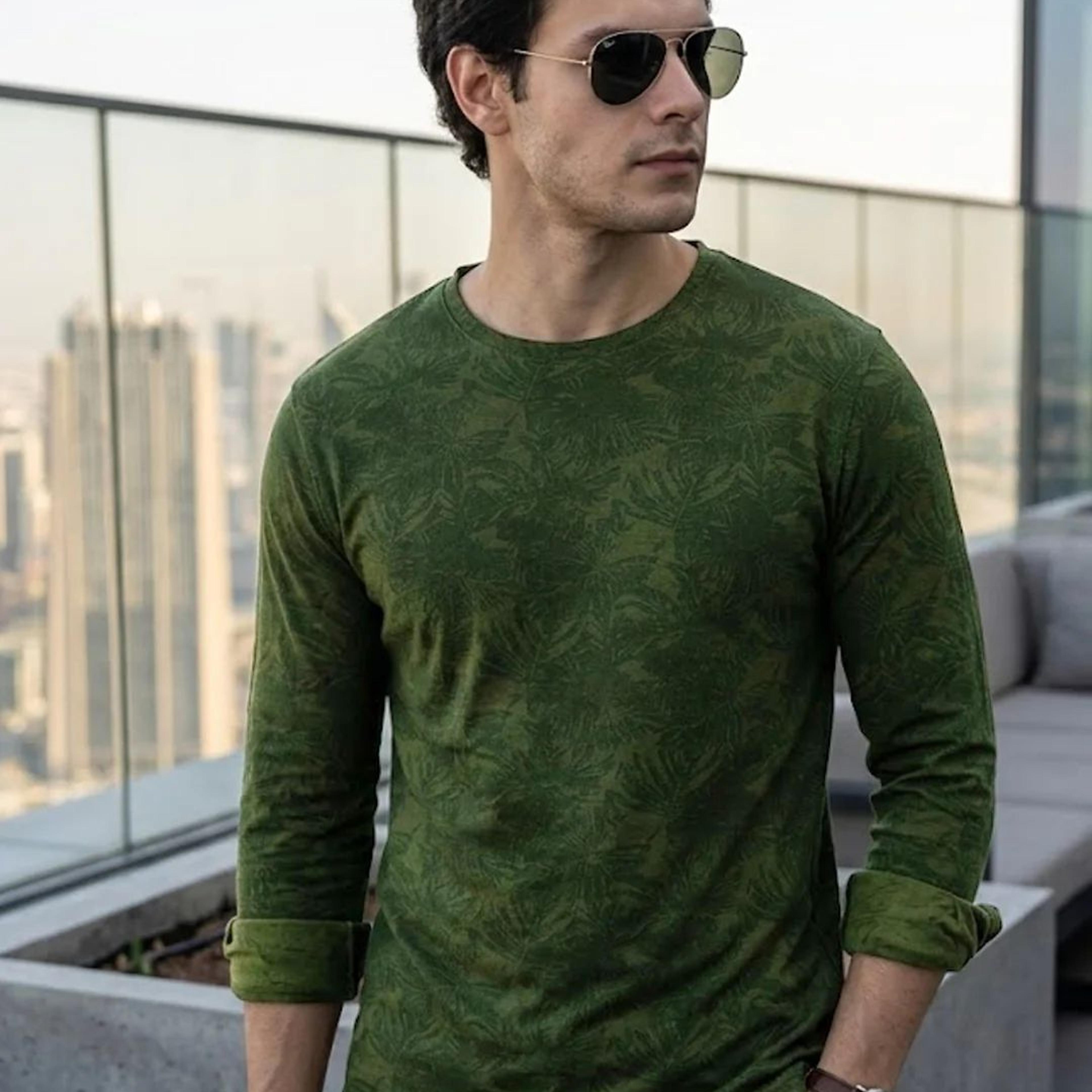Men's Olive Green Printed Full Sleeve Slim Fit Cotton T-Shirt