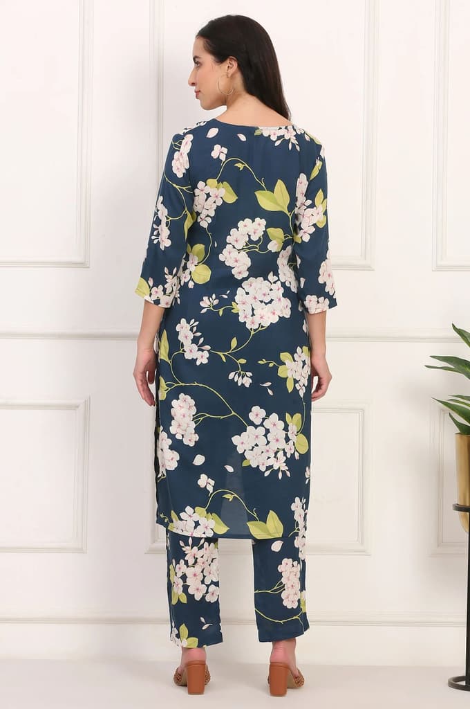 Navy Blue Floral Printed Straight Pure Cotton Kurta and Straight Pants Co-ord Set — photo 5