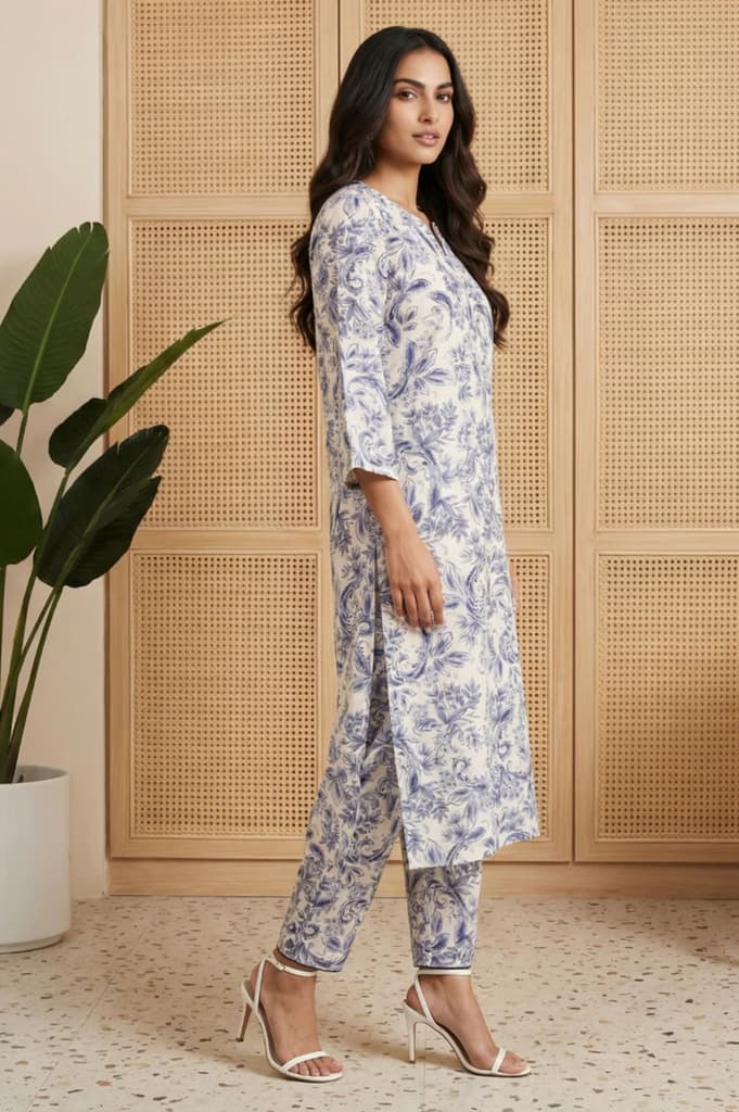 Blue Floral Printed Straight Kurta and Pants Set — photo 4