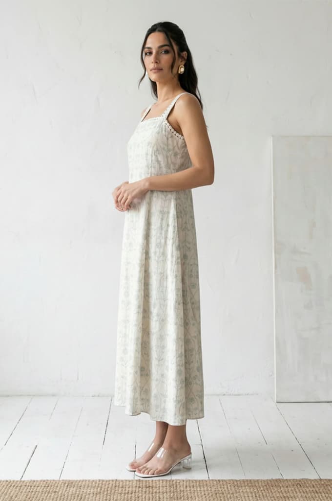 Off White Embroidered Pure Cotton A-line Dress — photo 3