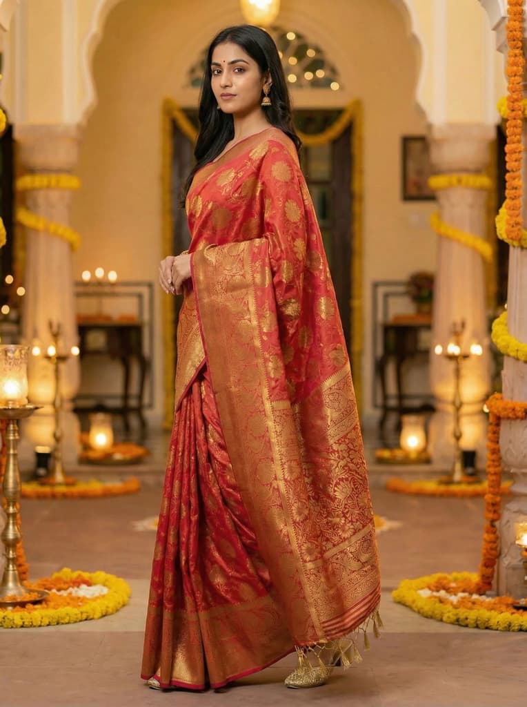 MIMOSA Women's Woven Design Kanjivaram Style Art Silk Saree with Blouse Piece - Strawberry ( SA00003142STFREE ) — photo 3