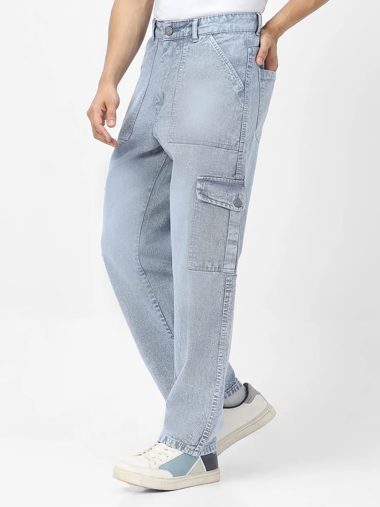 Men's Light Grey Loose Fit Cargo Jeans With 6 Pockets Non Stretchable — photo 2