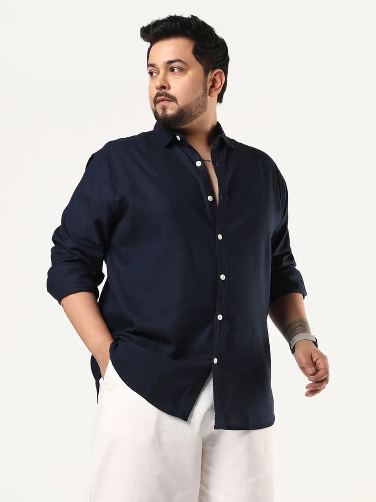 Plus Men's Navy Linen Blend Full Sleeve Relaxed Fit Casual Solid Shirt — 2XL / Navy