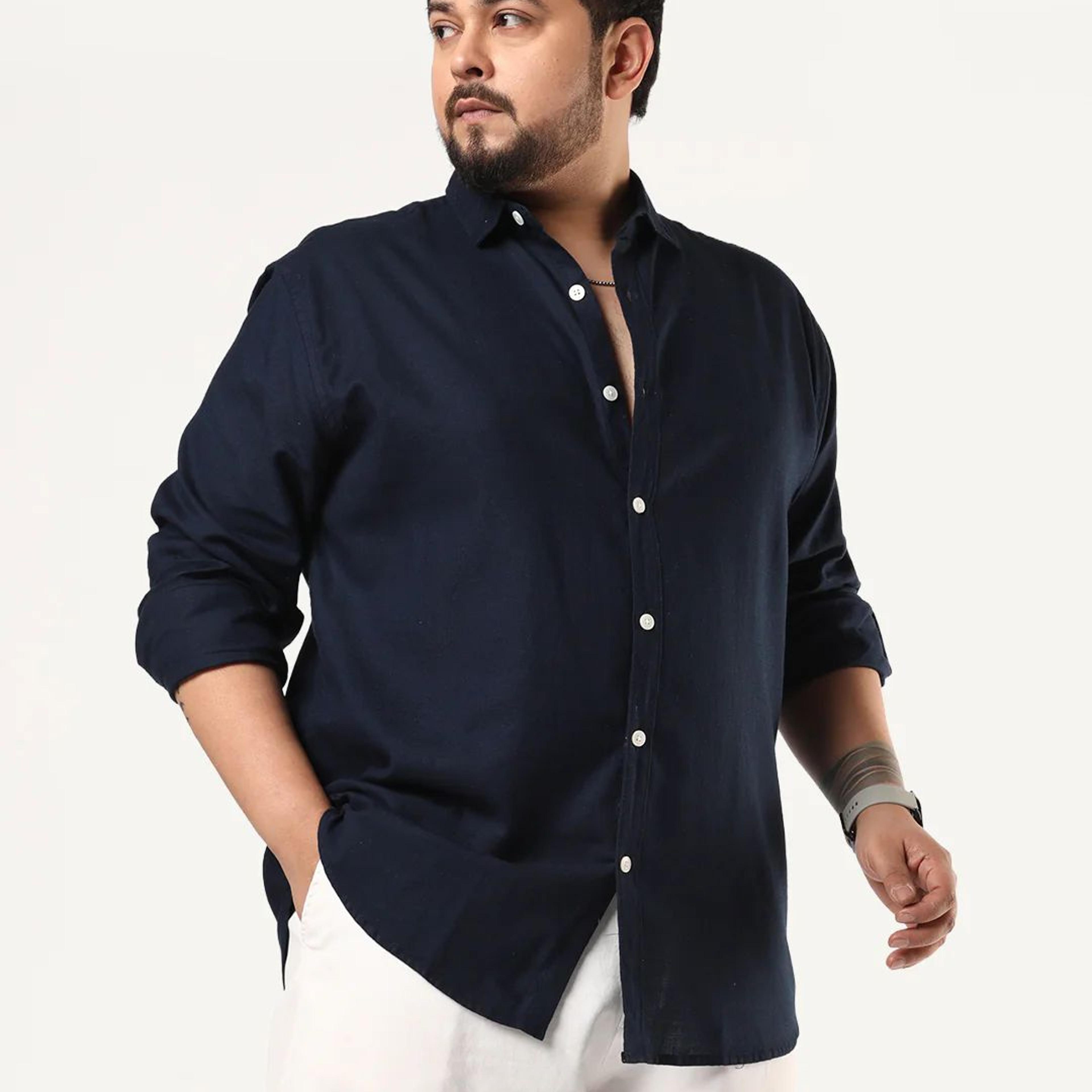 Plus Men's Navy Linen Blend Full Sleeve Relaxed Fit Casual Solid Shirt