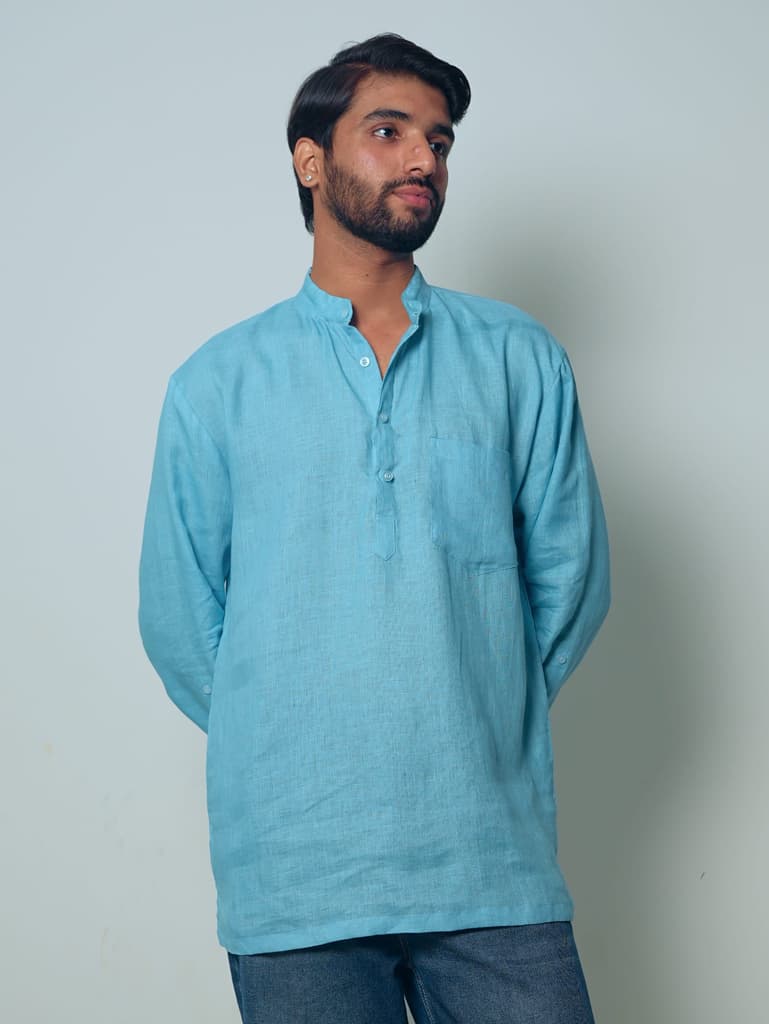 आसमानी (Aasmani) - Men Light Blue Premium Linen Short Kurta — photo 3