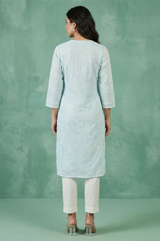 Light Blue Chikankari Embroidered Kota Straight Kurta — photo 5