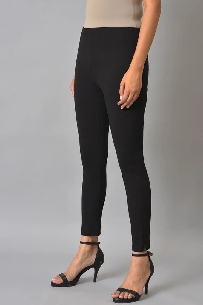 Black Solid Skinny Fit Cotton Tights With Elasticated Waistband — photo 3
