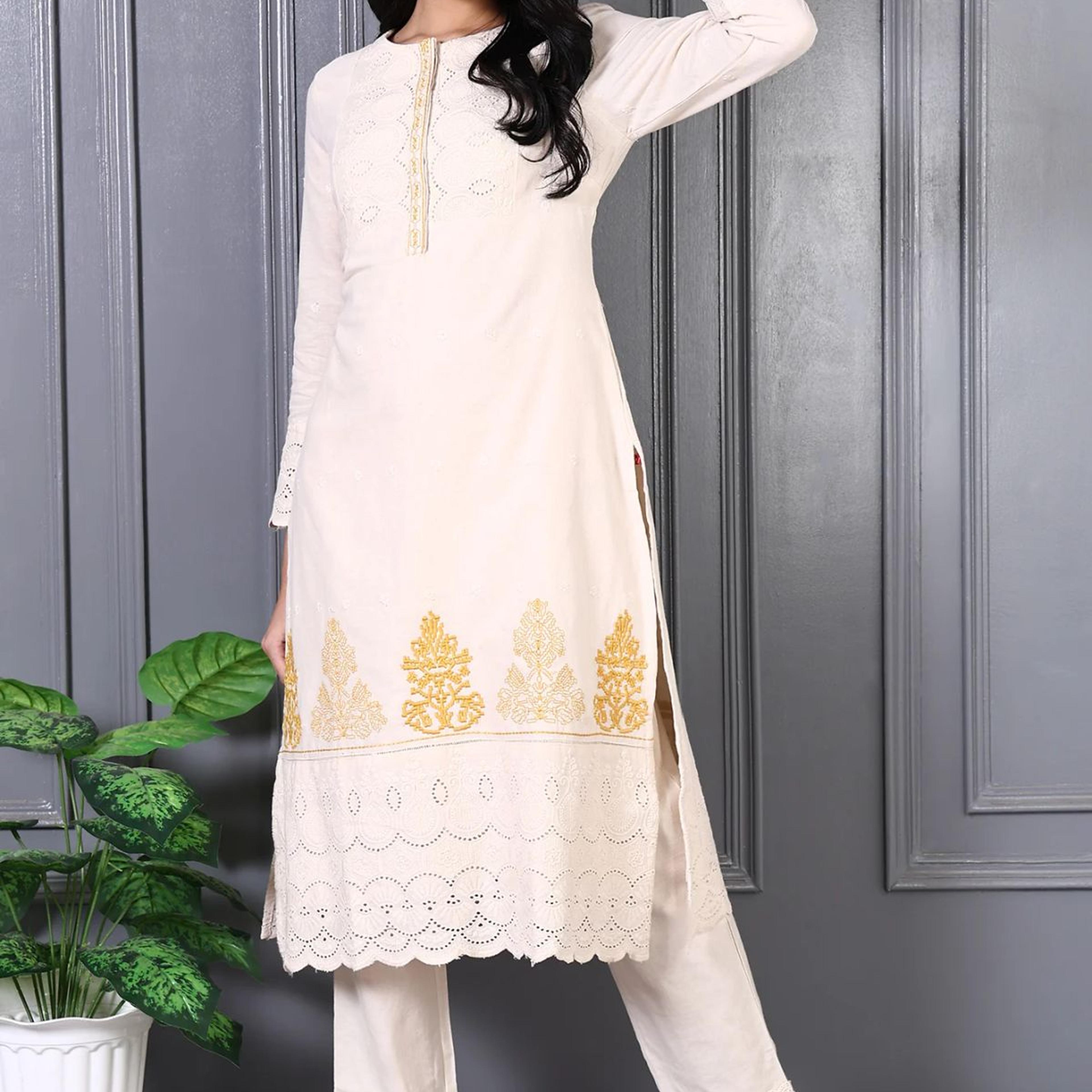 Off White Embroidered Cotton Flax Straight Kurta and Trousers Co-ord Set