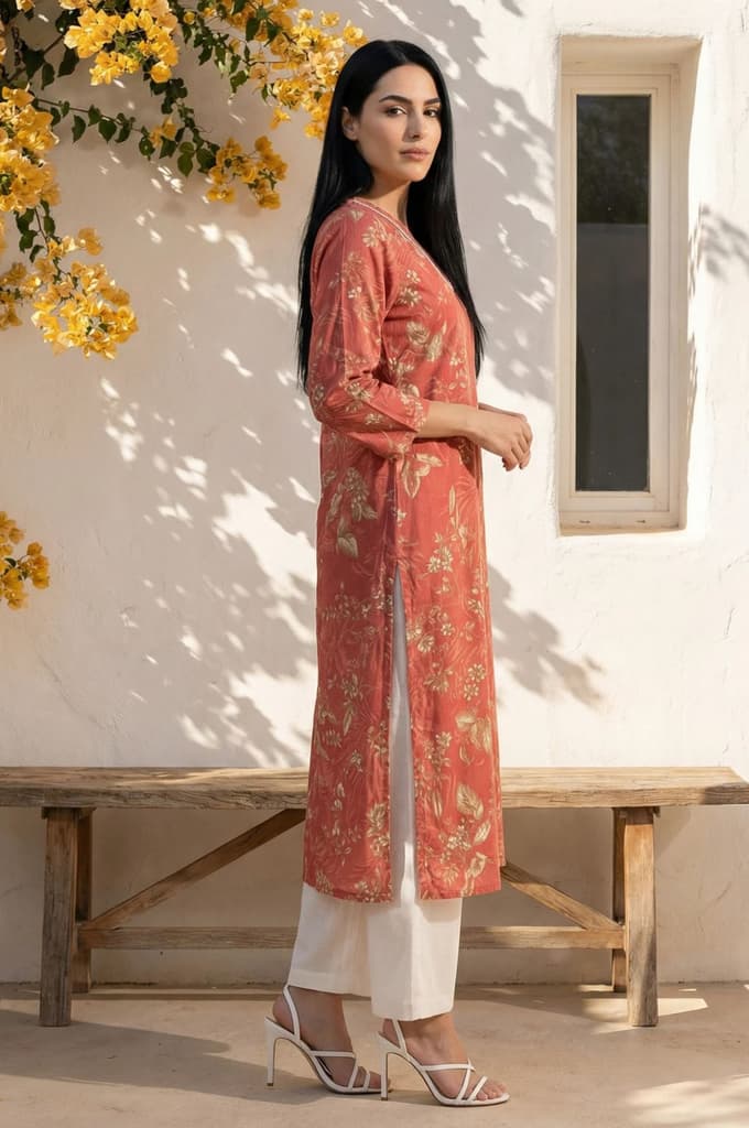 Rust Floral Printed Piping Detail Modal Straight Kurta — photo 5