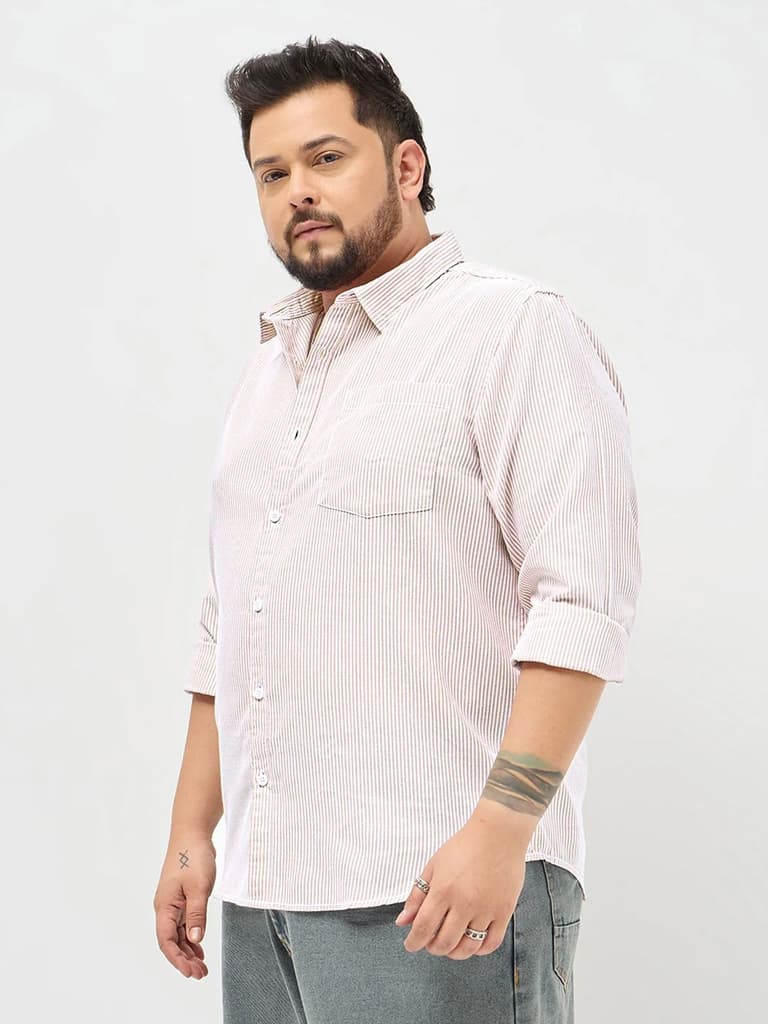 Plus Men's Light Pink Cotton Full Sleeve Regular Fit Casual Striped Shirt — photo 3