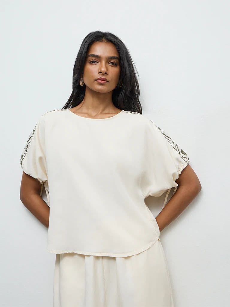 LOV Cream Embroidered Cotton Blouse — photo 2