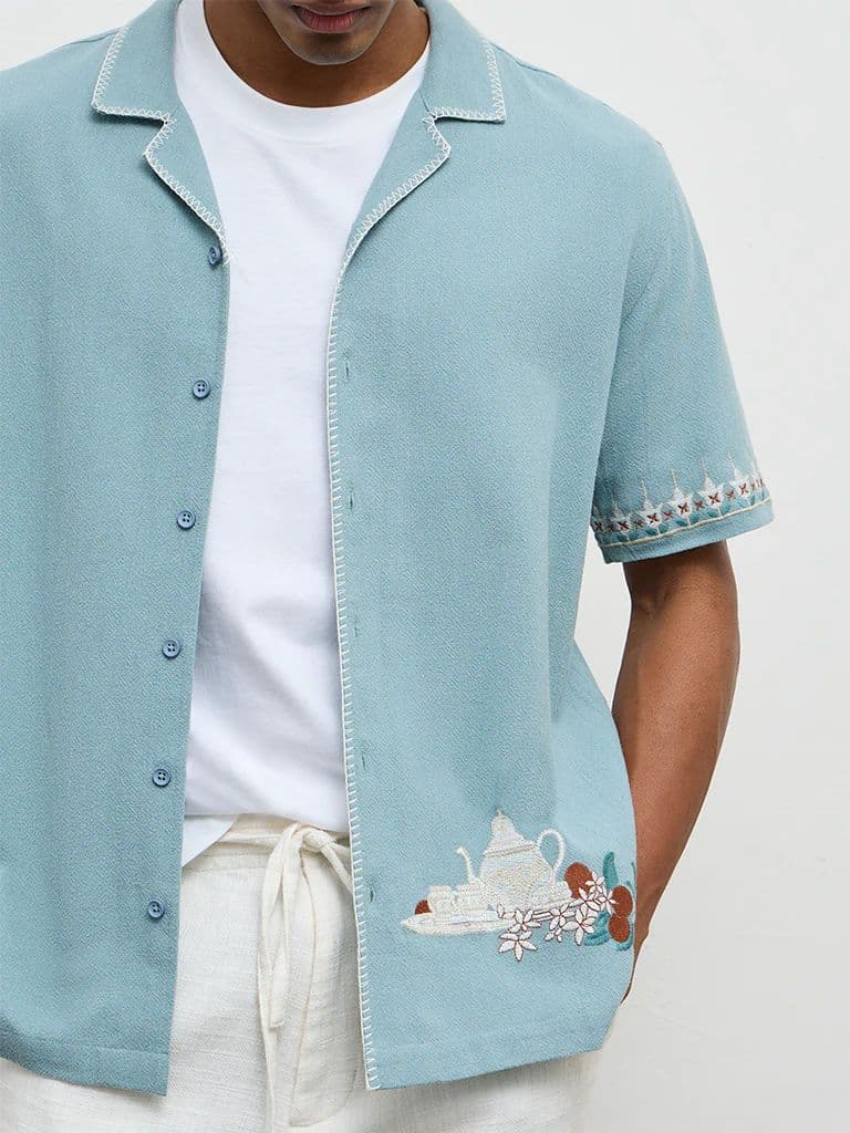 ETA Light Teal Embroidered Relaxed-Fit Cotton Shirt — photo 3