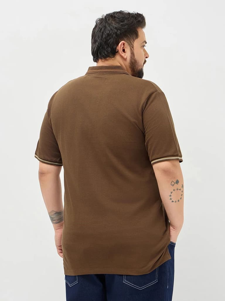 Plus Men's Dark Brown Solid Regular Fit Half Sleeve Cotton Polo T-Shirt — photo 3