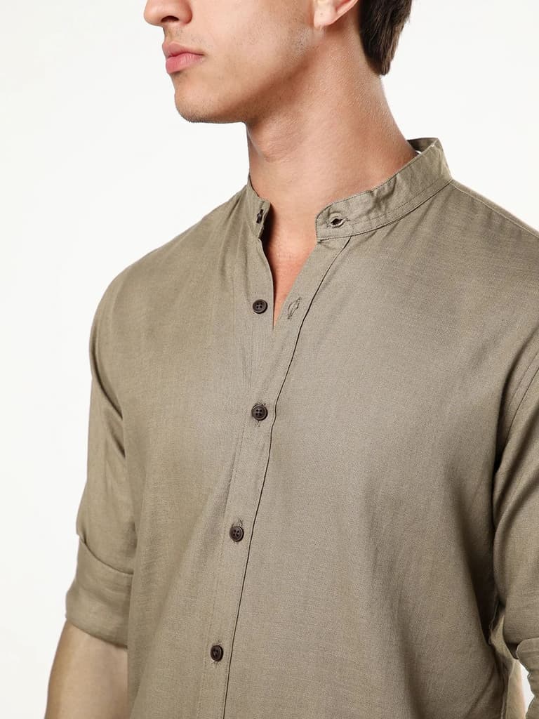 Men's Coffee Linen Blend Full Sleeve Relaxed Fit Mandarin Collar Casual Solid Shirt — photo 6