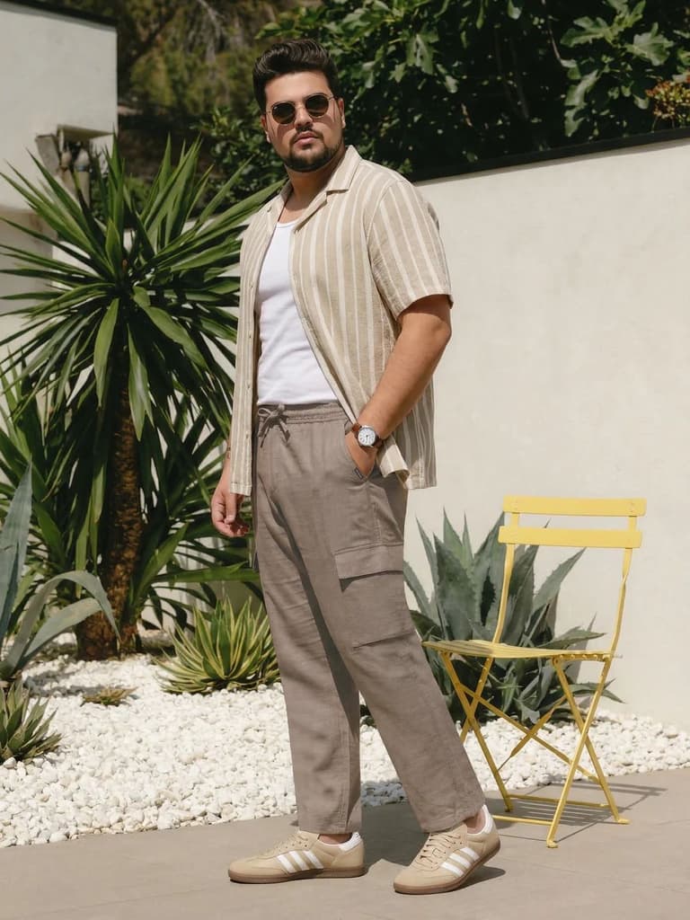 Plus Men's Light Khaki Straight Fit Linen Cargo Pants with 6 Pockets — photo 4