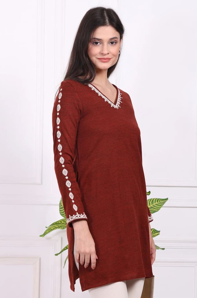 Rust Solid Thread Embroidered Acrylic Straight Tunic — photo 6