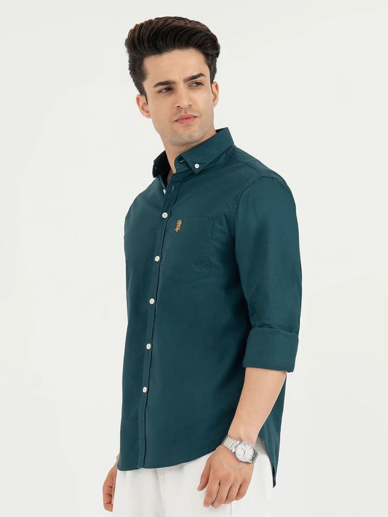Shirts for Men in Teal | Solid Oxford Full Sleeve Casual Shirt — photo 2