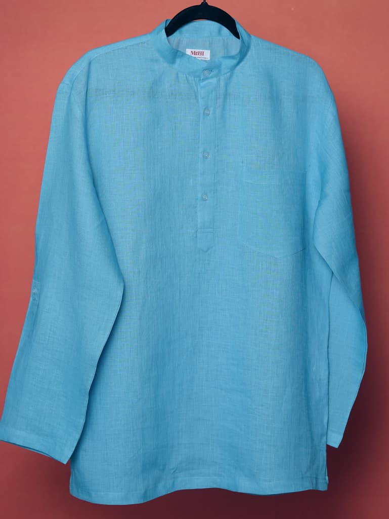 आसमानी (Aasmani) - Men Light Blue Premium Linen Short Kurta — photo 9