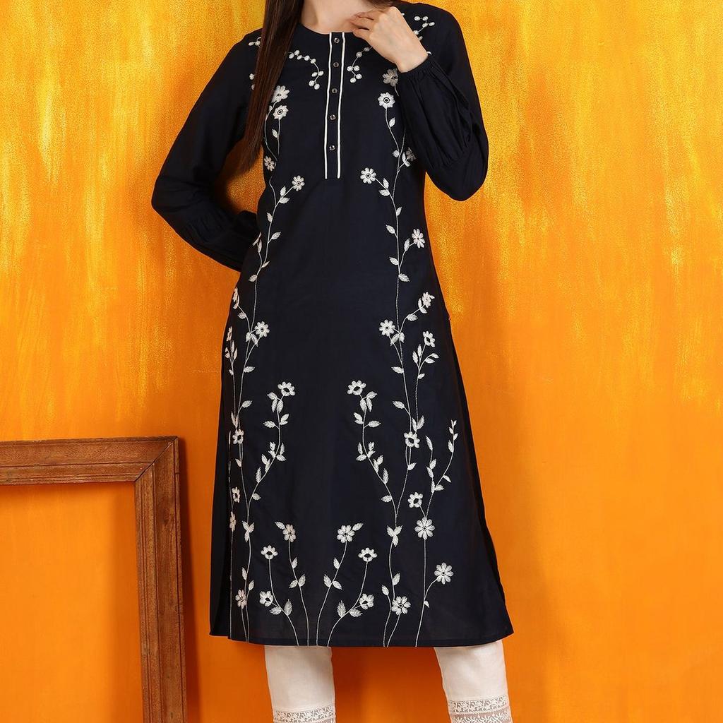 Black Thread Embroidered Cotton Modal Straight Kurta