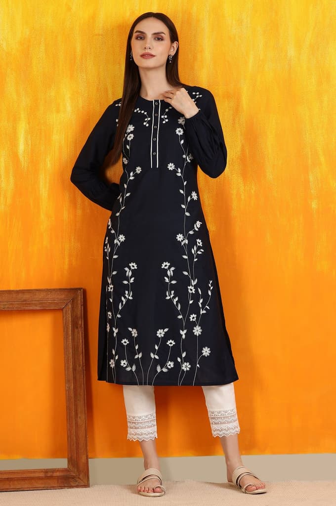 Black Thread Embroidered Cotton Modal Straight Kurta — XS
