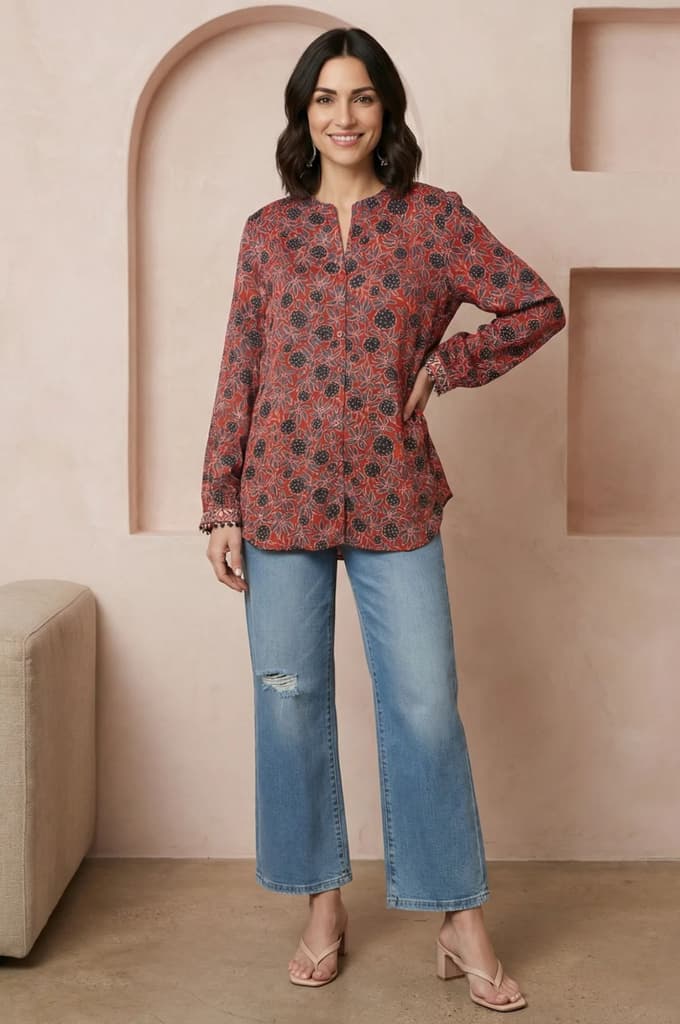 Red Ajrak Printed Modal Satin Straight Top — photo 3