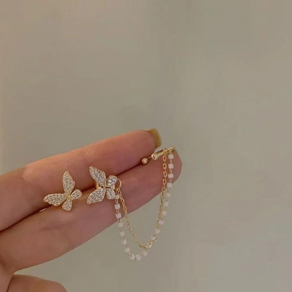 Butterfly Ear Stud with Pearl Chain Cuff – Elegant Single Statement Earring — photo 2
