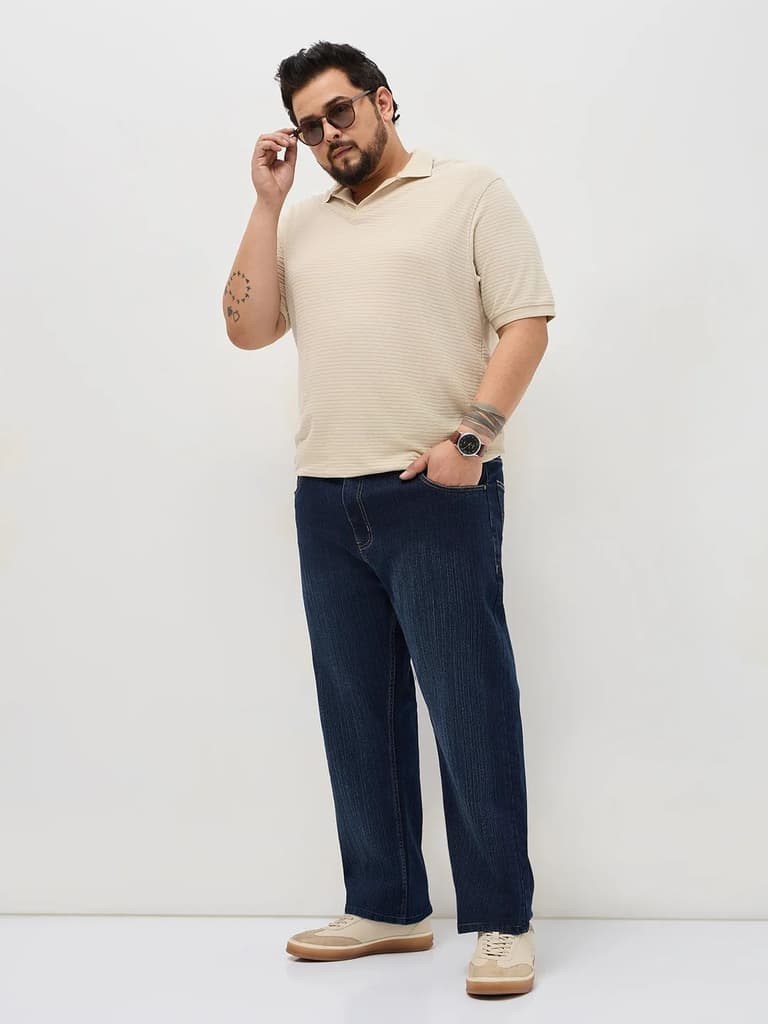 Plus Men's Dark Blue Straight Fit Washed Denim Jeans Stretchable — photo 4