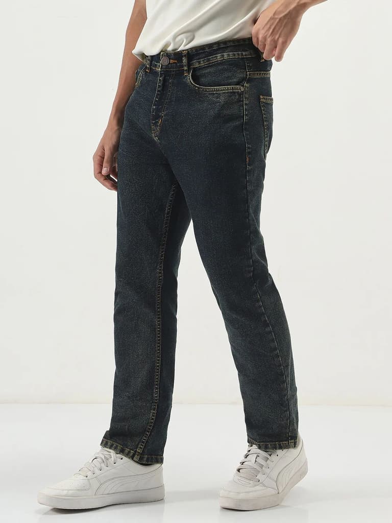 Men's Dark Blue Straight Fit Heavy Washed Jeans Stretchable — photo 2