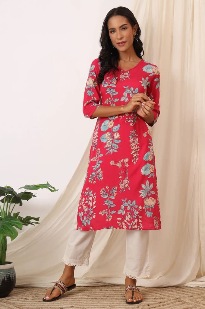 Pink Floral Printed Modal Straight Kurta — photo 2