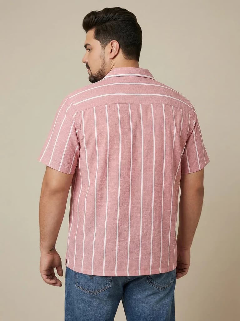 Plus Men's Pink Cotton Half Sleeve Relaxed Fit Linen Striped Shirt with Cuban Collar — photo 3