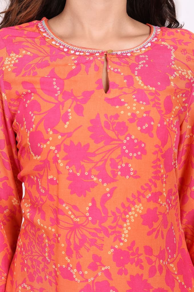 Orange Floral Printed Mirror work Modal Straight Kurta — photo 3