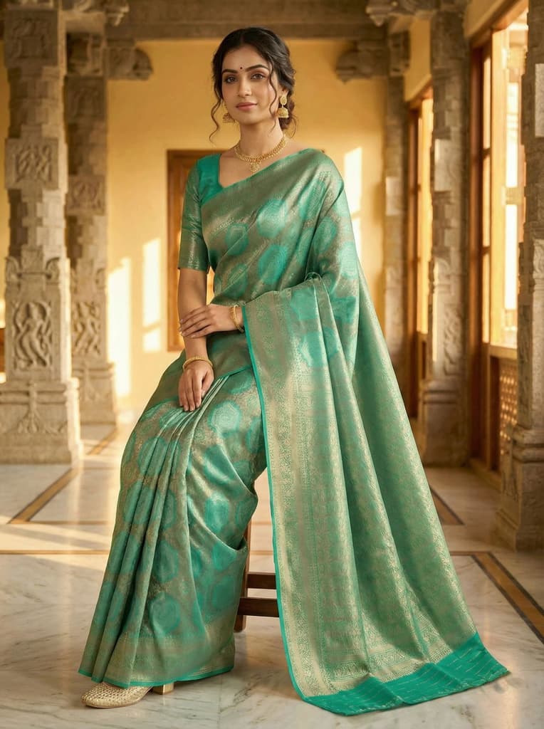 MIMOSA Women's Woven Design Kanjivaram Style Art Silk Saree with Blouse Piece - Rama ( SA00002246RMFREE ) — photo 4
