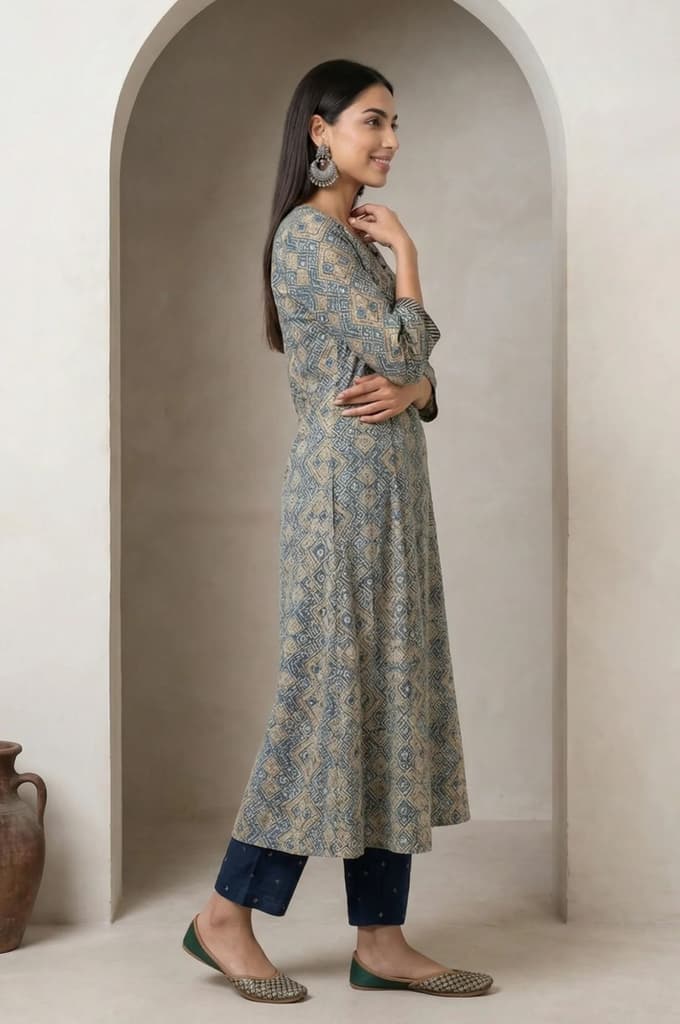 Beige Ajrak Printed Mirror Work Modal Satin Straight Kurta — photo 6