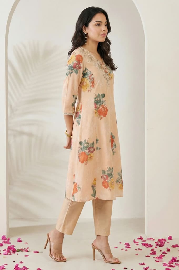 Peach Floral Printed Tissue Straight Kurta with Straight Pants and Dupatta Set — photo 6