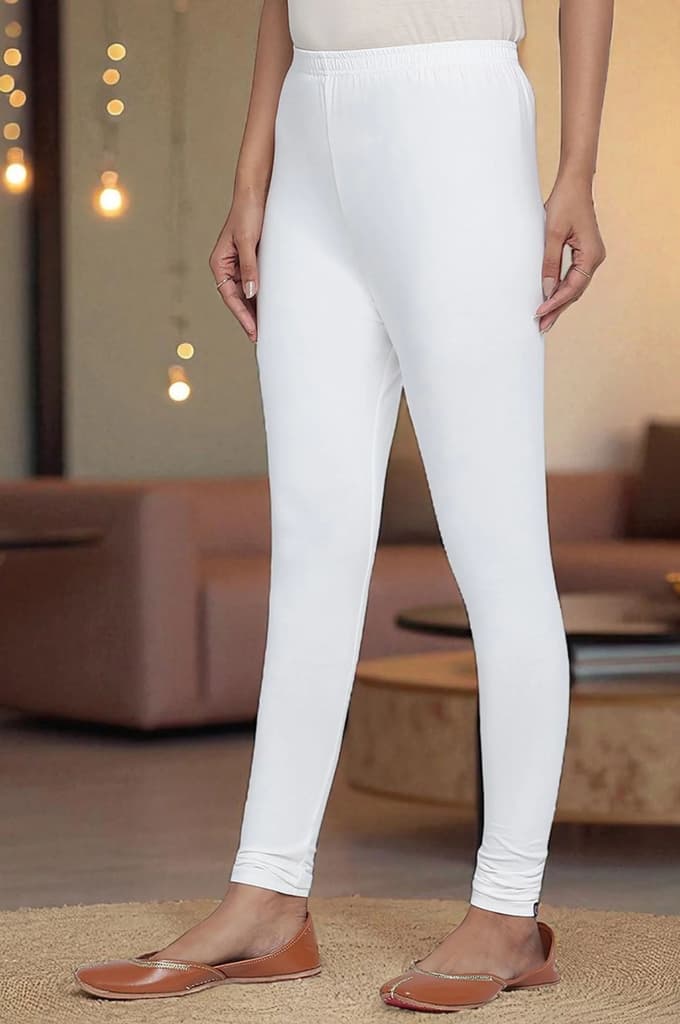 White Solid Cotton Lyrca Tights in Ankle Length — photo 5